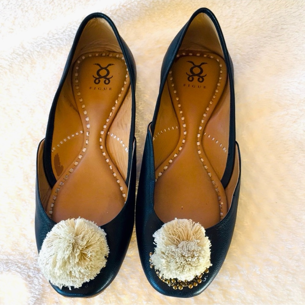 FIGUE Black & White Leather Pom Pom Ballet Flats MADE IN ITALY Boho Womens Shoes